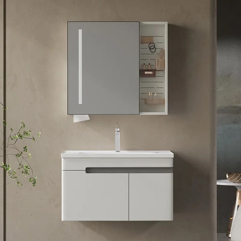 Kamalu - Mobile bagno 80 cm lavabo integrato e specchio contenitore | KAM-NS80