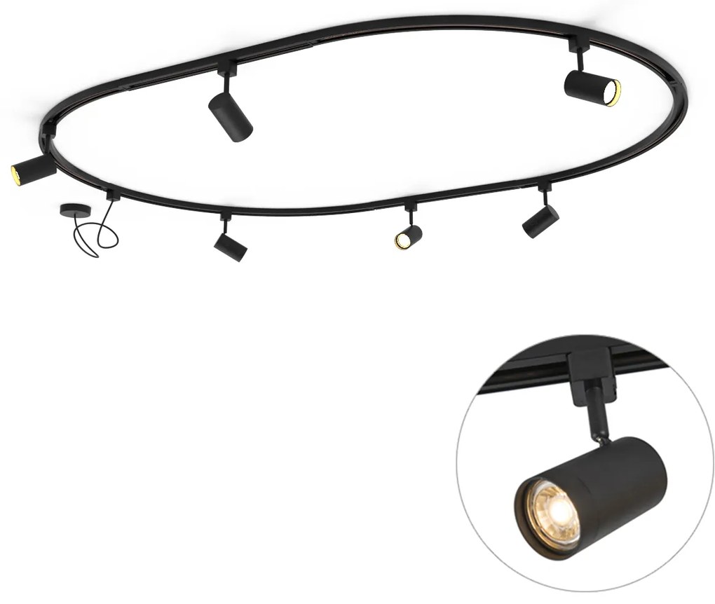 Sistema di illuminazione a binario moderno con 6 faretti neri, monofase, ovale 100 cm - Iconic Jeana