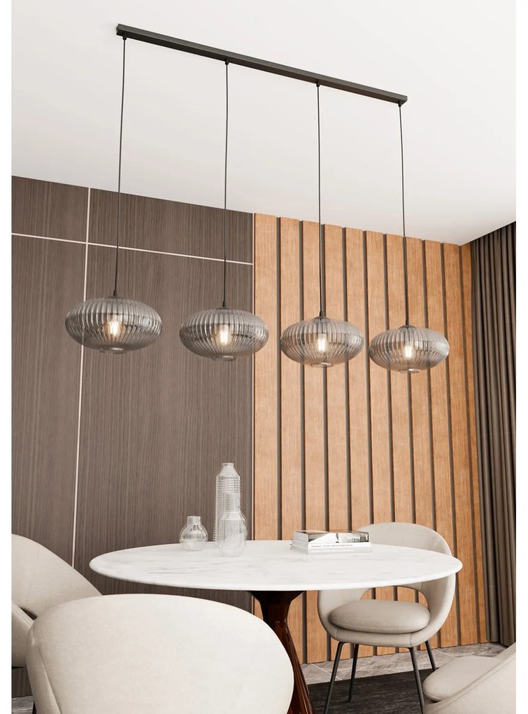 Lampadario 4 Luci Iris In Acciaio Nero Paralume Plissettato Fumè