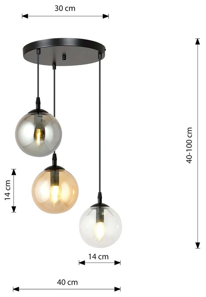 Sospensione 3 Luci Kali In Acciaio Nero Base Tonda E Sfere In Vetro Multicolor