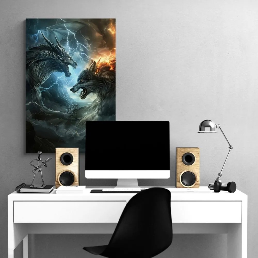 Quadro su tela – Duello tra drago e lupo