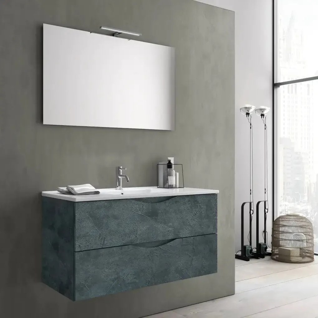 Mobile Bagno Sospeso Effetto Pietra 80cm Due Cassetti e Specchio con Lampada