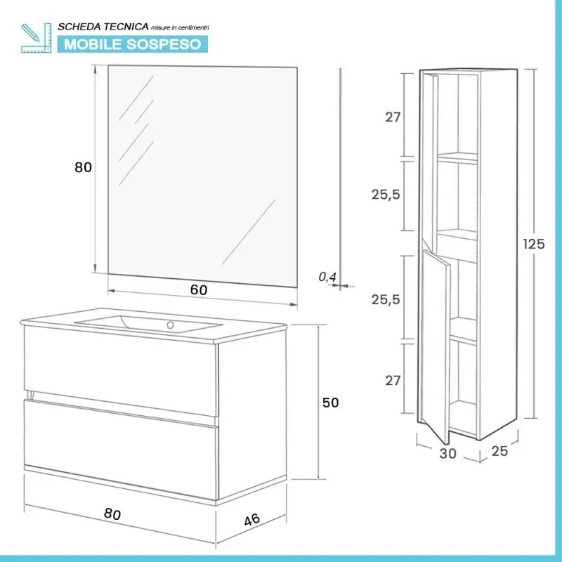 Mobile bagno sospeso 80 cm rovere bianco con pensile H 125 cm Nadia