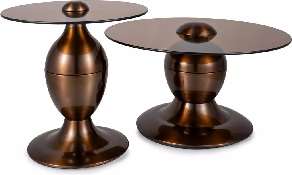 Set di tavolini Cassie in vetro color bronzo e struttura in acciaio inox finitura rame lucido – Ø70x38 cm