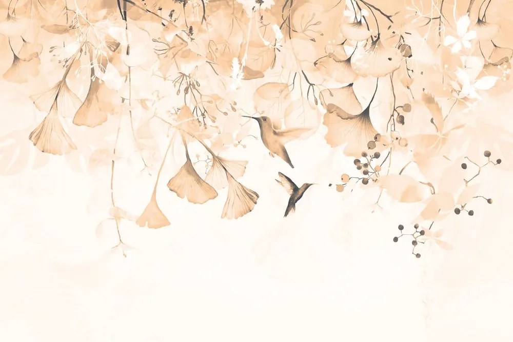 Carta da parati – Foglie con Colibrì in Tonalità Peach Fuzz