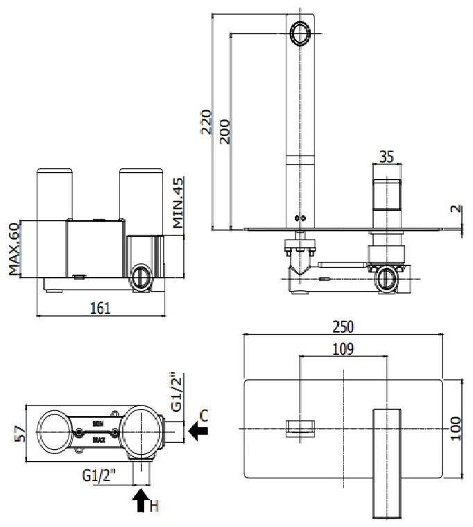 Paffoni Elle El105cr Miscelatore lavabo Incasso 2 Fori Con Piastra Rettangolare E Bocca 20 Cm Cromo