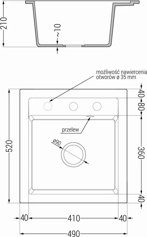 Mexen Vito lavello da cucina in granito 1-vasca 520 x 490 mm, bianco, sifone dorato - 6503521000-20-G
