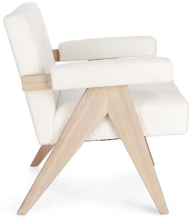 Poltrona FAIZA in tessuto effetto bouclé avorio e gambe in legno rubberwood