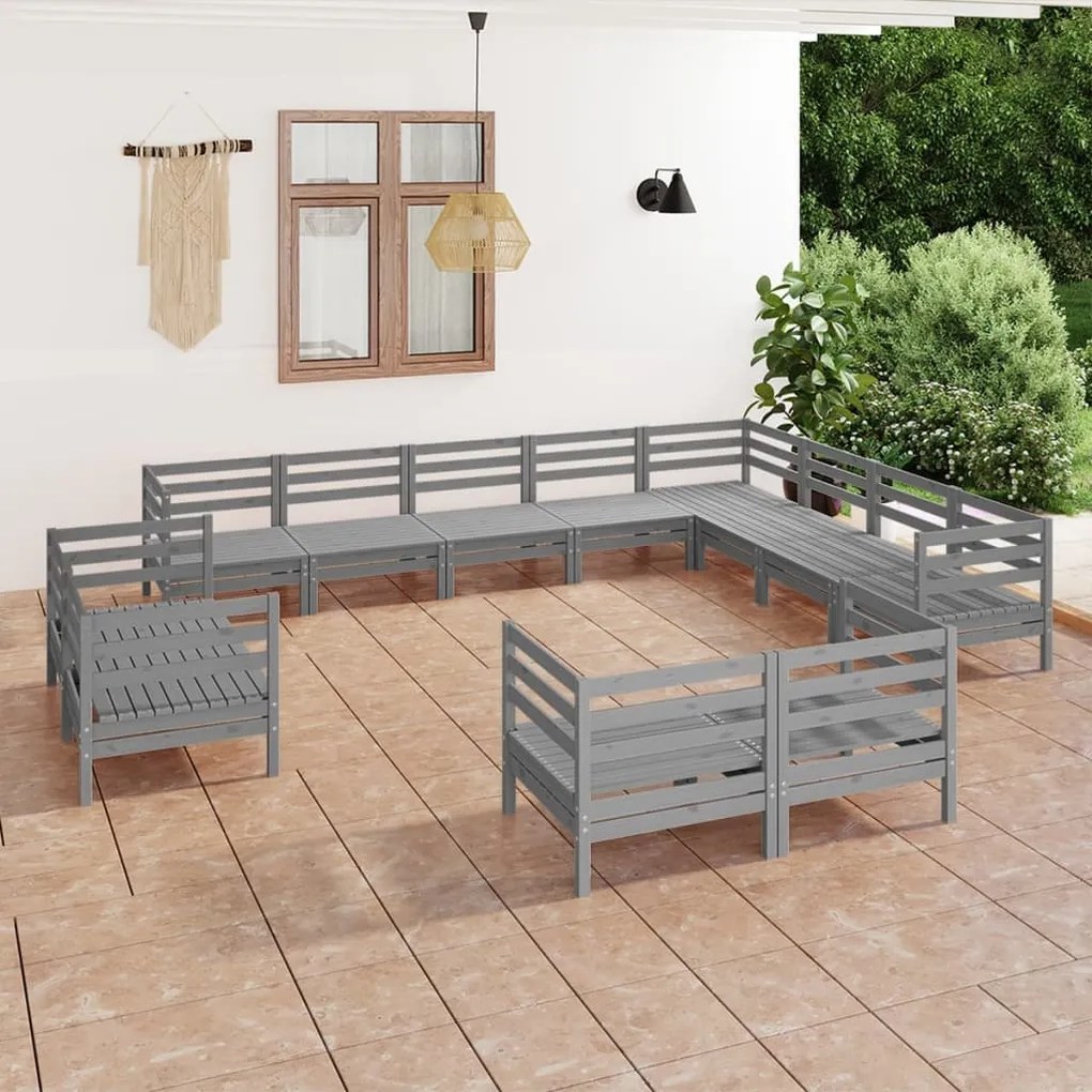 Set salotto da giardino 12 pz in legno massello di pino grigio