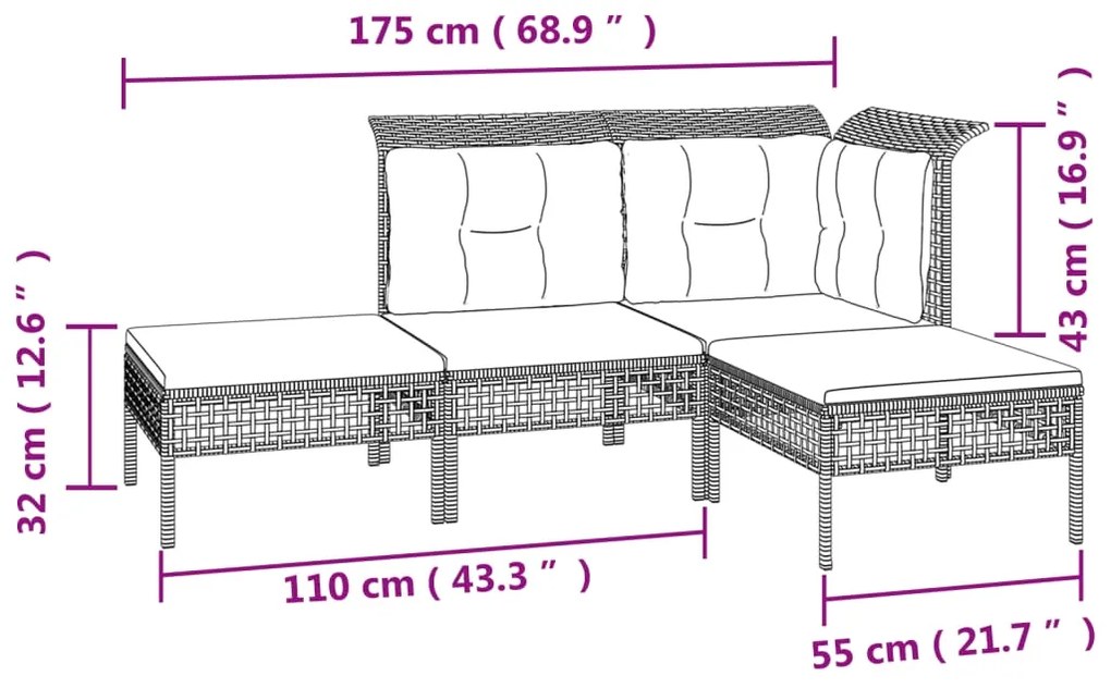 Set Divani da Giardino 4 pz con Cuscini in Polyrattan Grigio