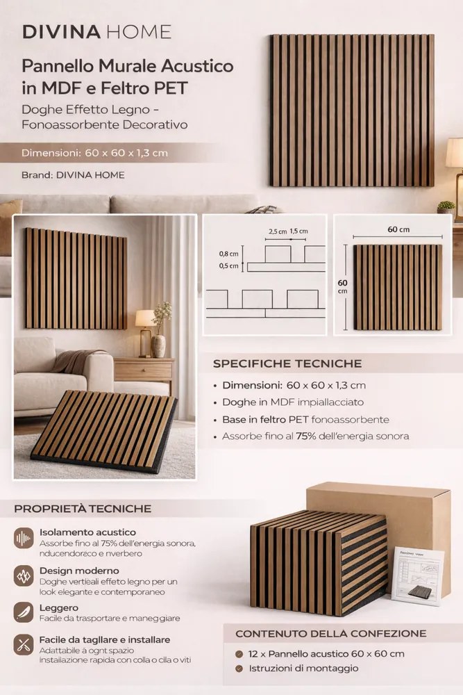 Set 12 Pannelli Decorativi 60x60 cm Motivo a Doghe in MDF e Feltro PET Rivestimento Murale Fonoassorbente Noce Chiaro...