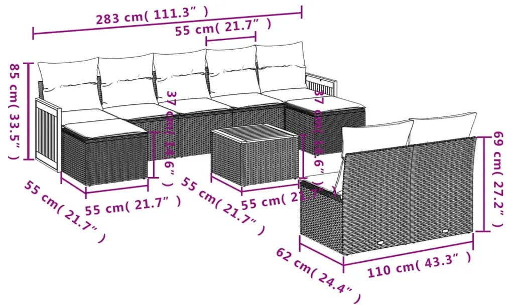 Set divano da giardino 10 pz con cuscini grigio in polyrattan