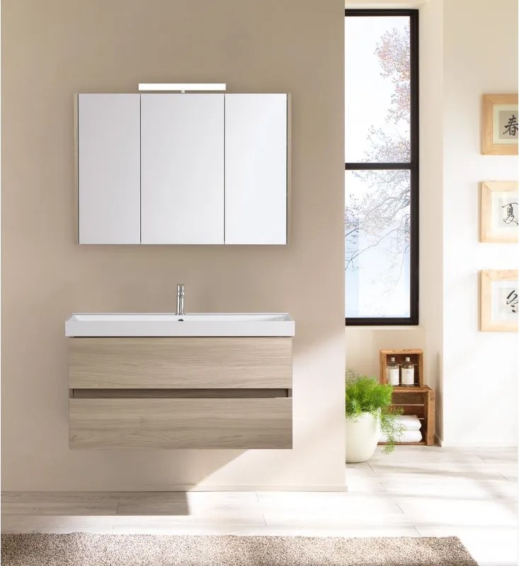 Mobile bagno sospeso con lavabo L 100 x H 57 x P 46 cm olmo rousseau in truciolare 2 cassetti per vasca centrale Kora