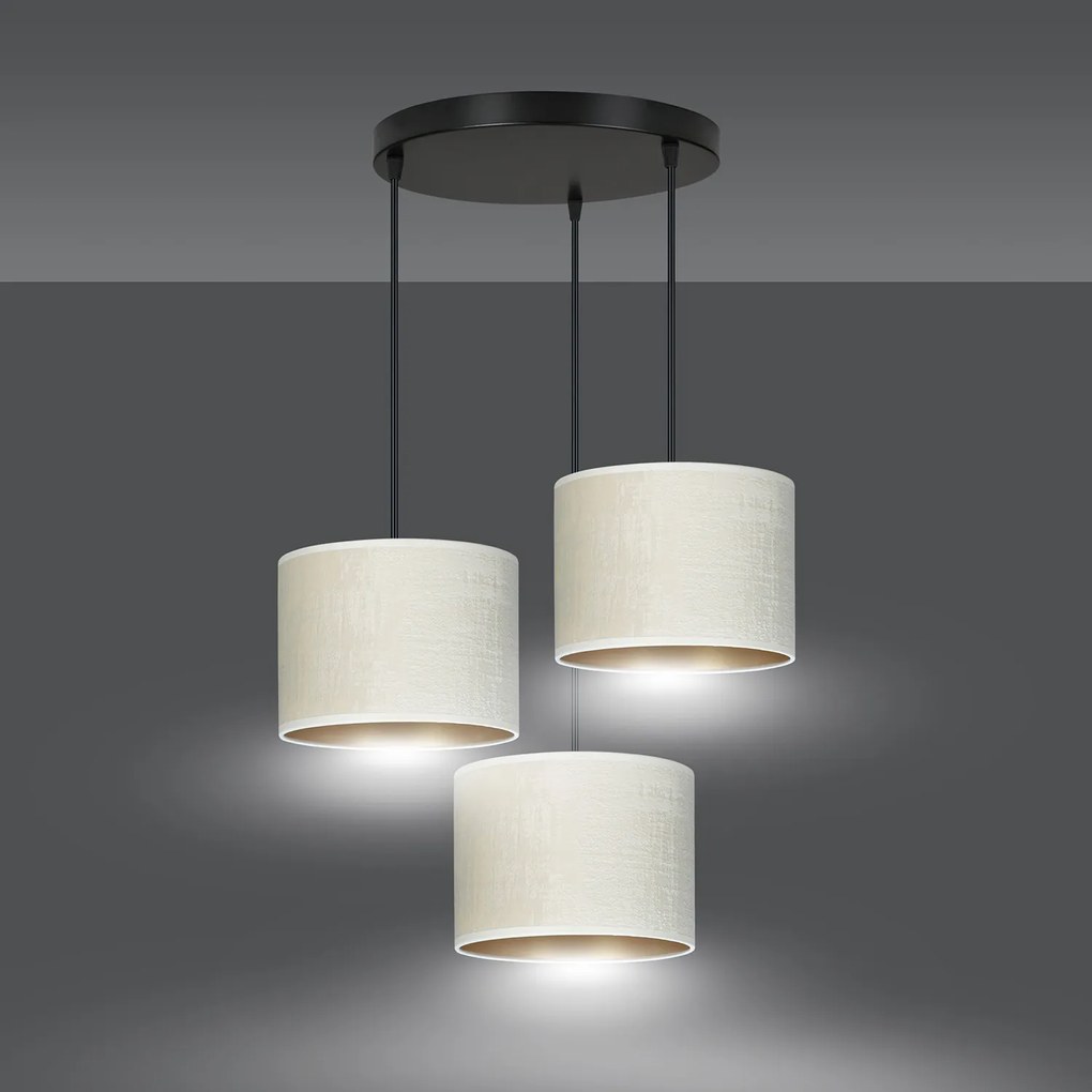 Lampadario Tondo 3 Luci Ganesha In Acciaio Nero E Paralumi In Tessuto Beige
