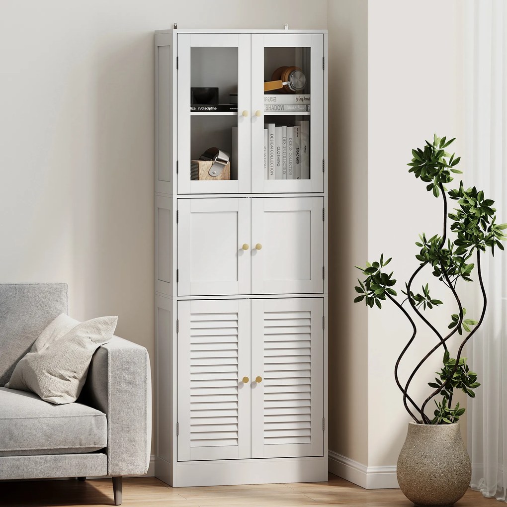 Mobile Bagno 60x30x170 cm con 3 Armadietti a 2 Ante in Vetro e Legno  Bianco...