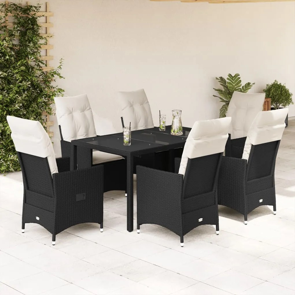 Set da pranzo da giardino 7 pz nero con cuscini in polyrattan