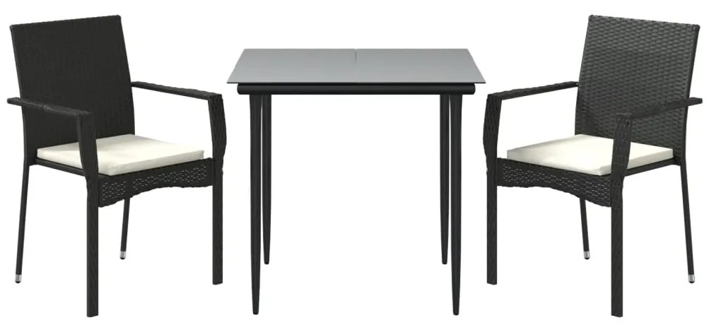 Set da pranzo da giardino 3 pz con cuscini nero in polyrattan