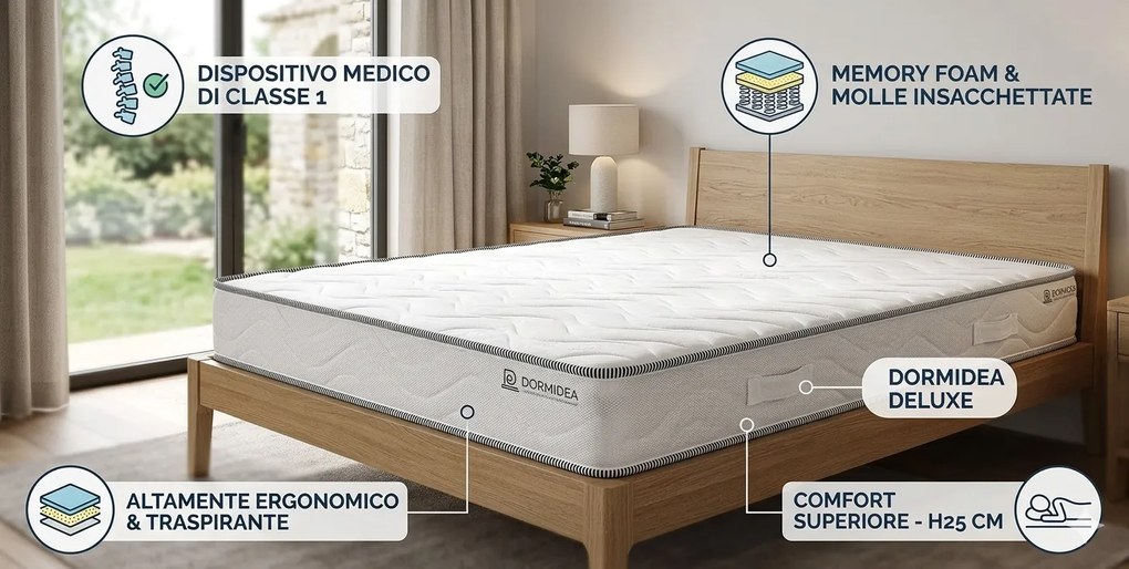 Materasso Memory e Molle Singolo 90x190 cm H25 Dispositivo Medico 1 Dormidea Deluxe...