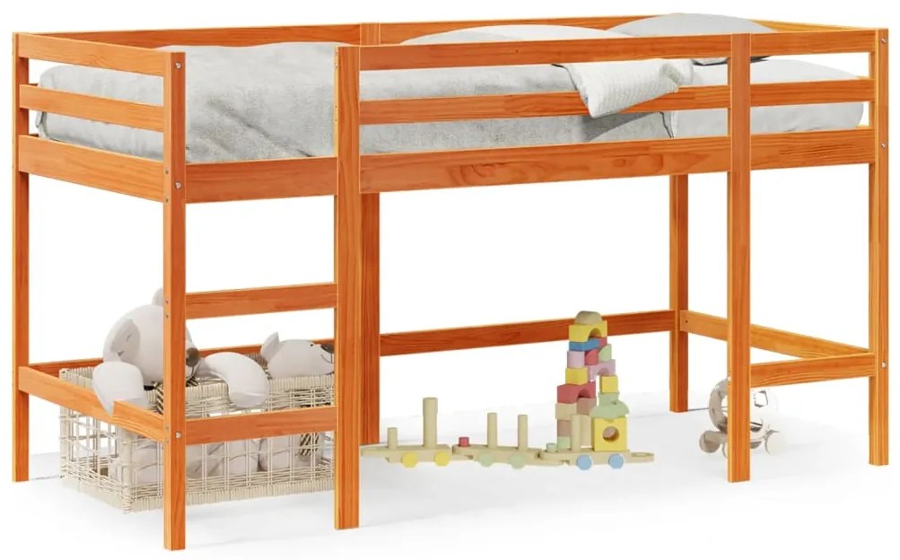 Letto Soppalco Con Scala Bambini Marrone 90x200cm Massello Pino /