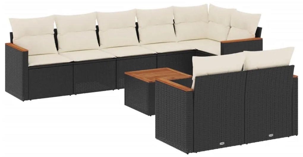 Set divani da giardino 9 pz con cuscini nero in polyrattan