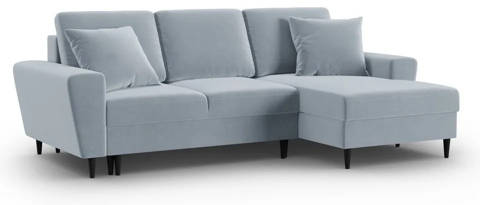 Divano angolare azzurro allungabile e con contenitore (con penisola a destra/con chaise lounge) con rivestimento in velluto Kyoto – Cosmopolitan Design
