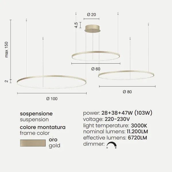 Lampada a sospensione a Led SOEL 3 Luci in metallo verniciato ORO