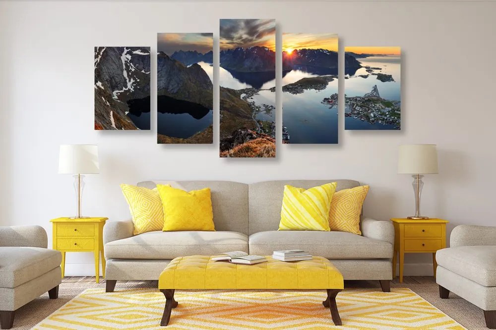 Quadri 5 pezzi – Affascinante panorama montano al tramonto