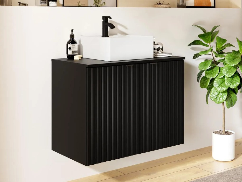 Mobile per bagno sospeso con scanalature e lavabo da appoggio L80 cm Nero - ZILGA
