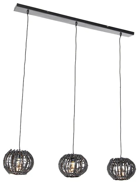 Lampada a sospensione rustica nera oblunga 3 luci - Canna