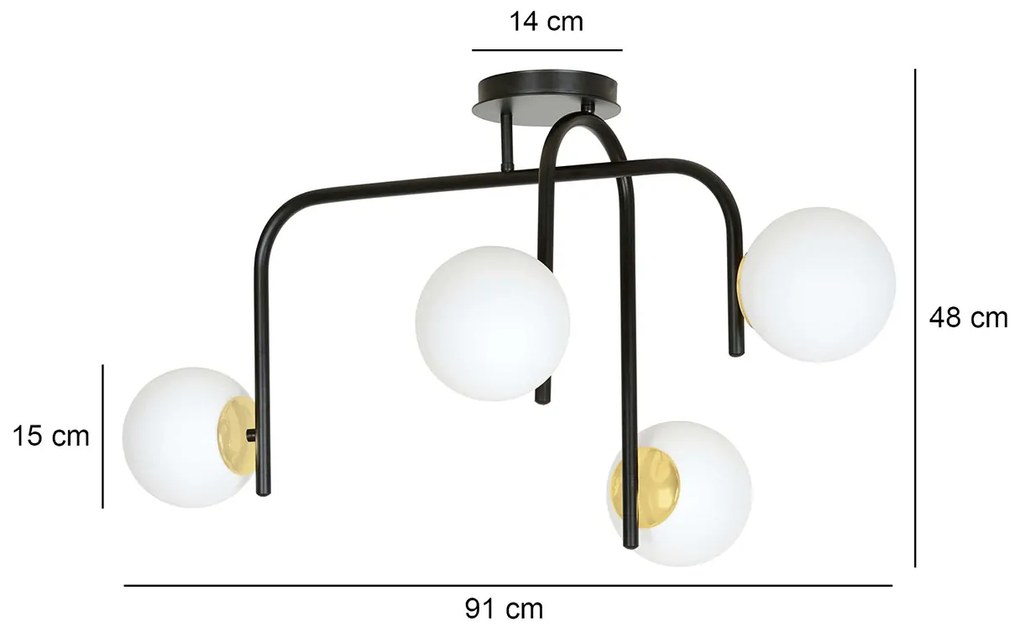 Lampadario 4 Luci Kalf In Acciaio Nero A Bracci E Sfere In Vetro Opalino E Oro