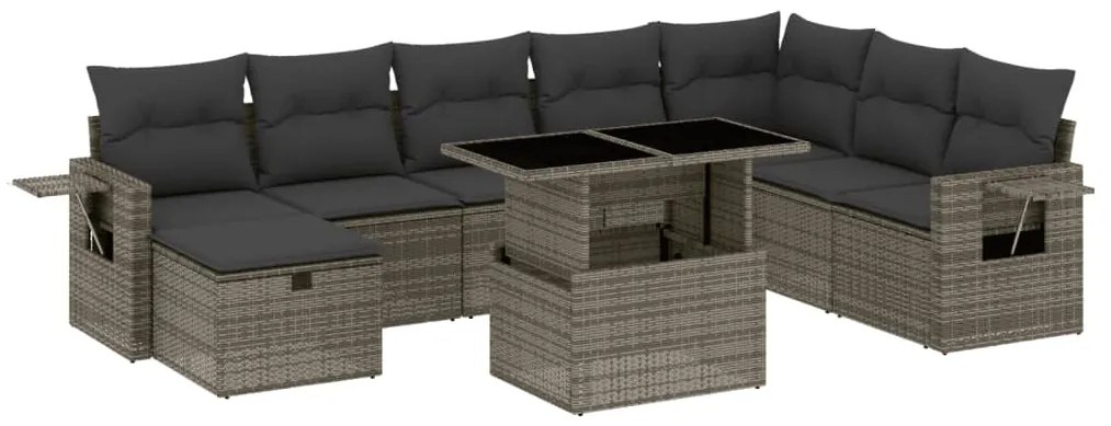 Set divano da giardino 9 pz con cuscini grigio in polyrattan