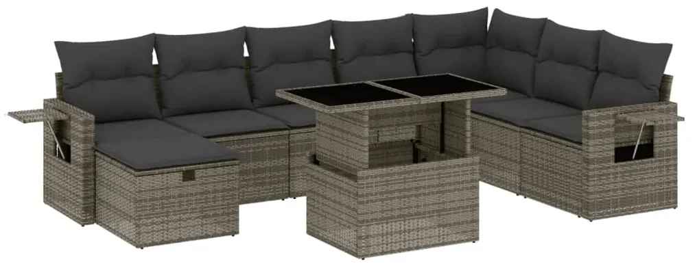 Set divano da giardino 9 pz con cuscini grigio in polyrattan