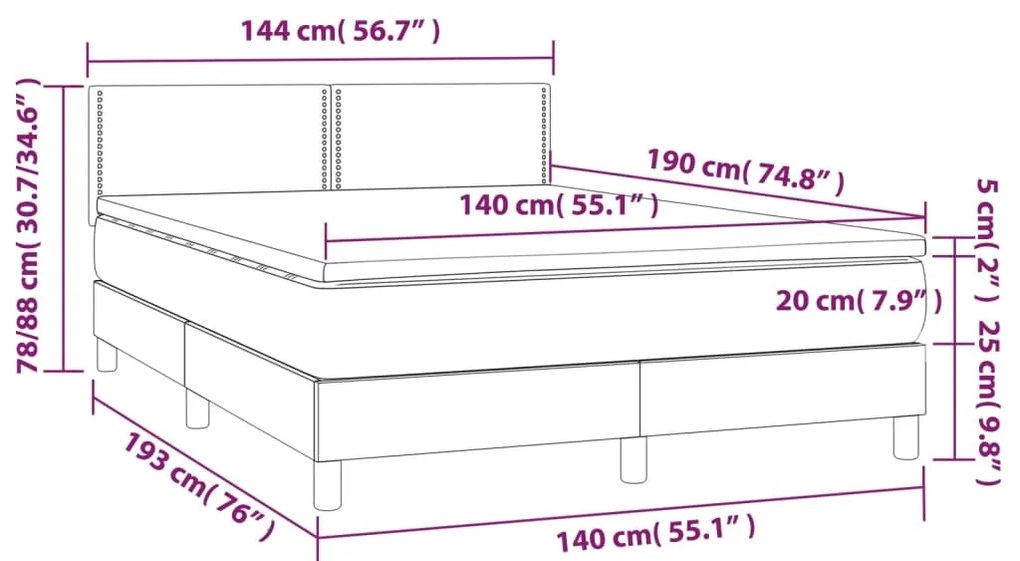 Letto a Molle Materasso e LED Grigio Scuro 140x190cm in Tessuto