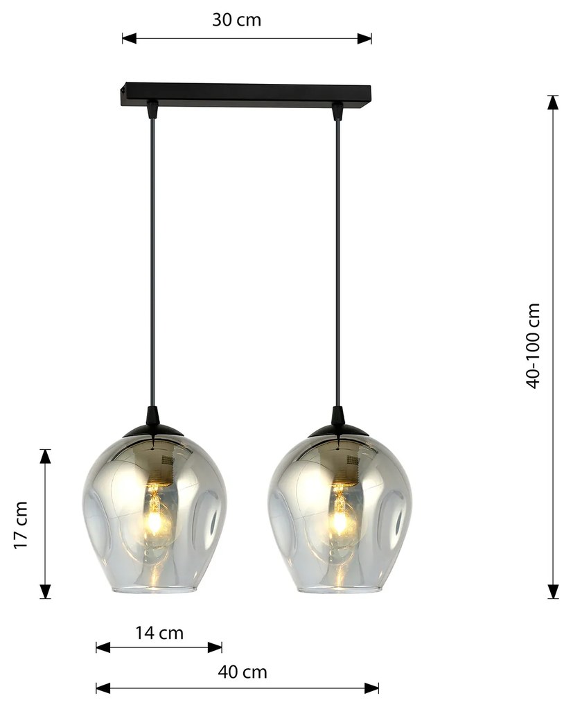 Lampadario 2 Luci Fuxi In Acciaio Nero E Vetri Fumè