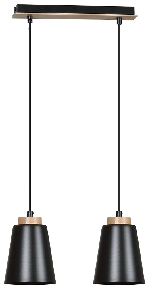Lampadario 2 Luci Lancillotto Con Paralumi A Cono In Acciaio Nero E Legno Naturale