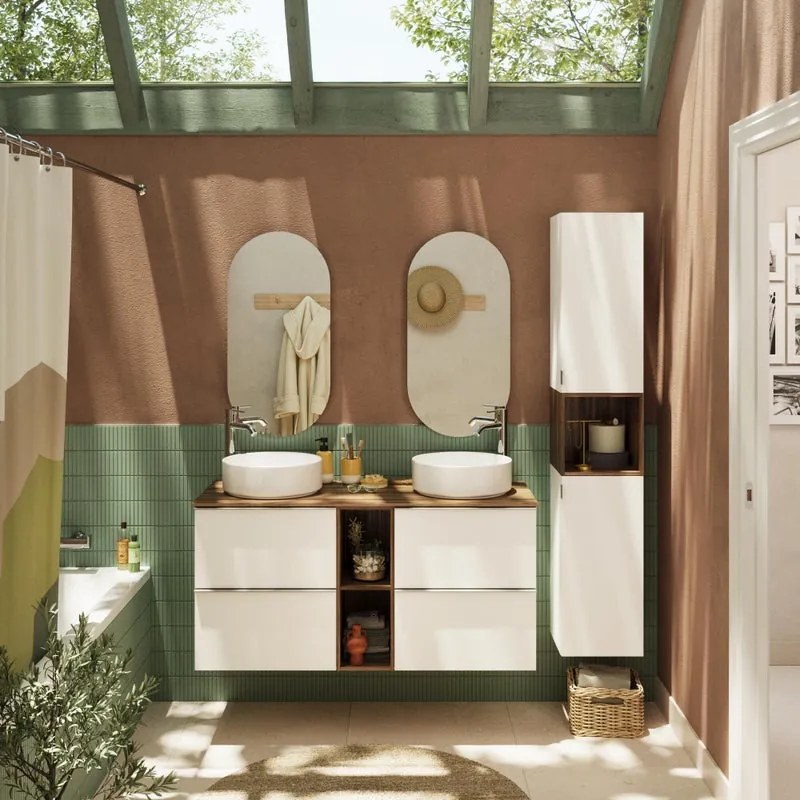 Mobile bagno sospeso con lavabo e organizer per cosmetici, top incluso L 120 x H 55 x P 45 cm bianco e miele in truciolare 4 cassetti per doppia vasca Modern