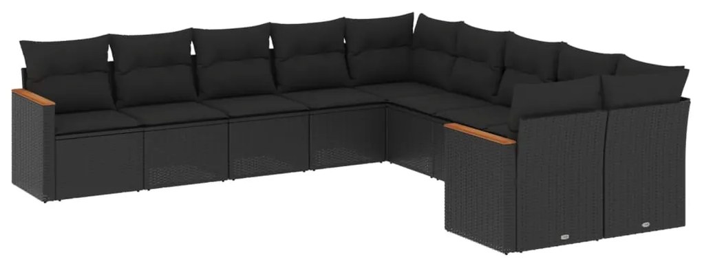 Set divani da giardino 10pz con cuscini in polyrattan nero