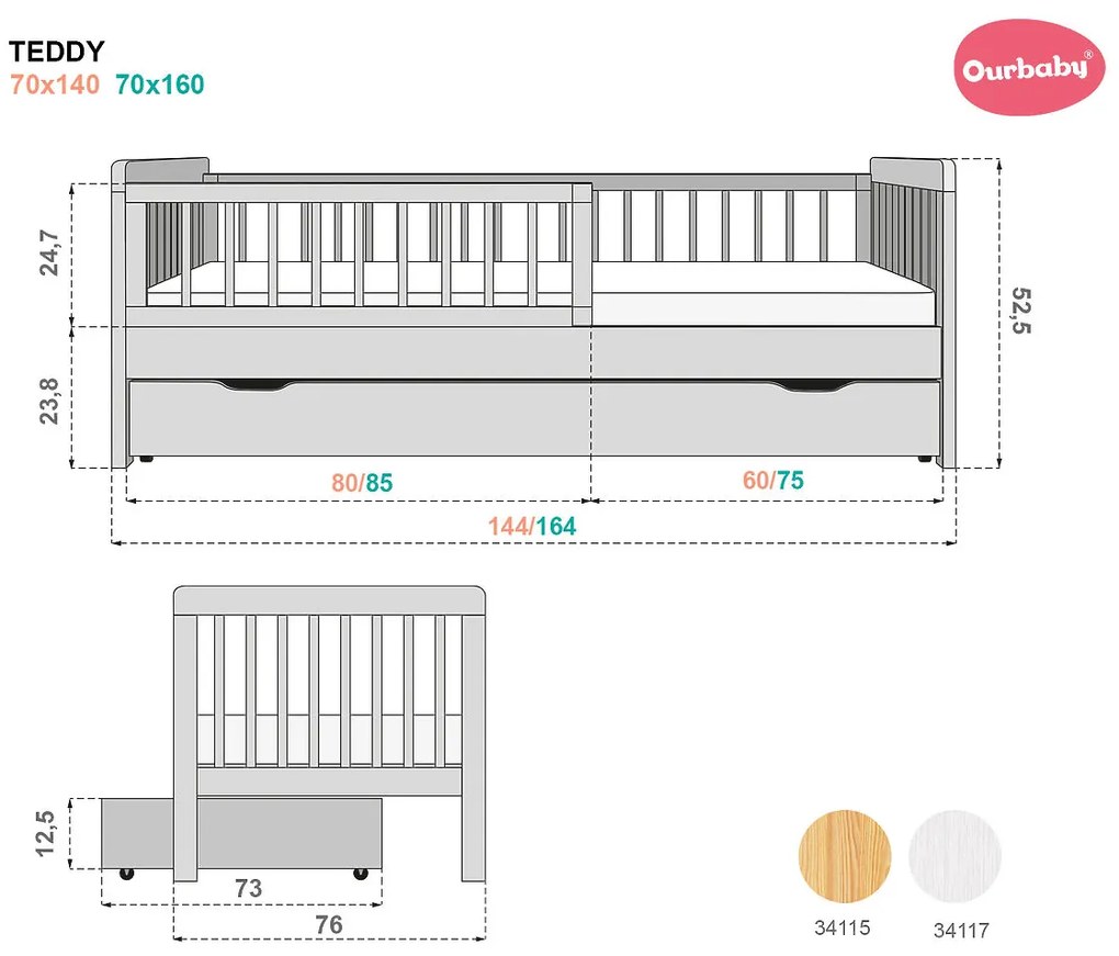 Letto per bambini con barriera TEDDY - naturale - letto senza spazio di archiviazione 140x70 cm