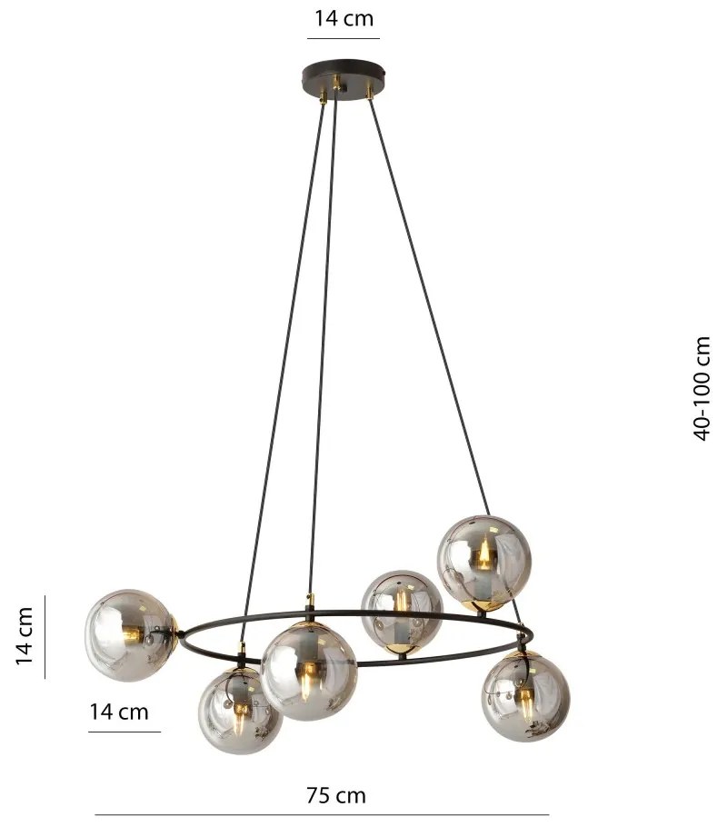 Lampadario a Sospensione AZURA 6 in Acciaio e Vetro 6xE14 Colore del corpo Nero e Grafite