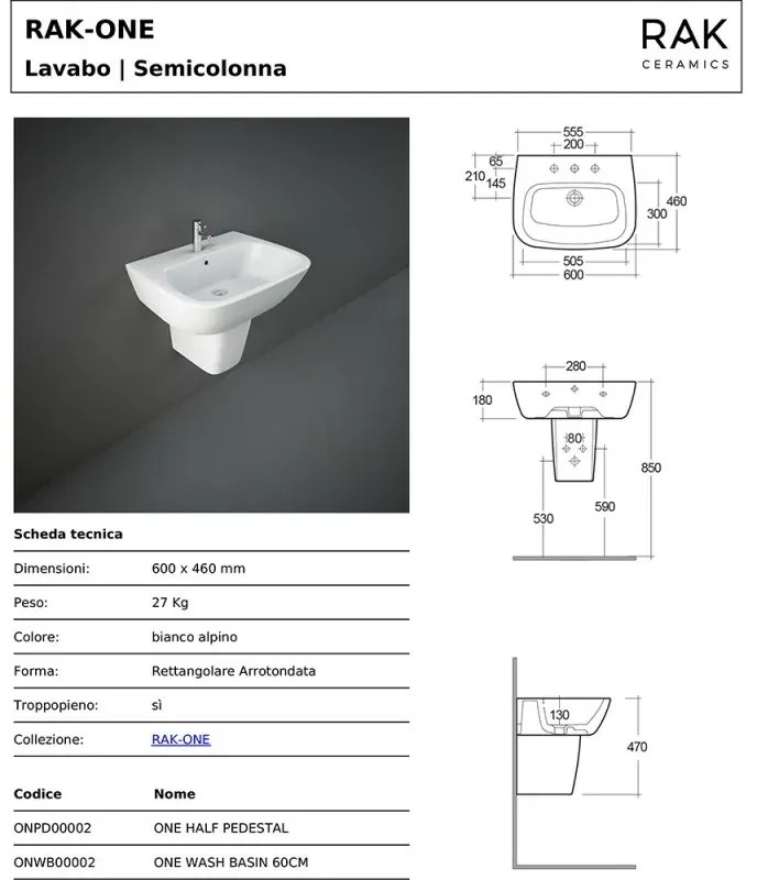 Lavabo bagno Rak serie One 60x46 cm con semicolonna in ceramica lucida
