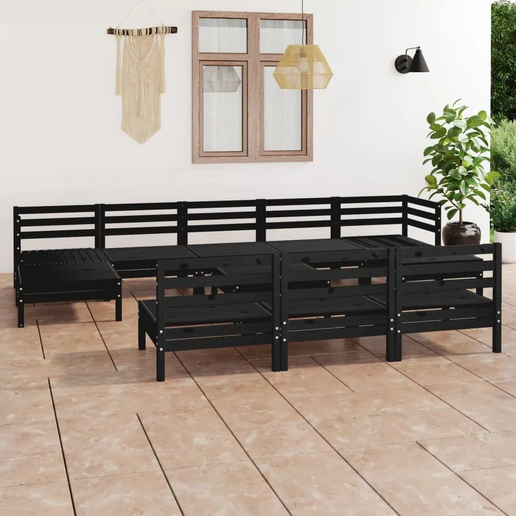 Set salotto da giardino 11 pz nero in legno massello di pino