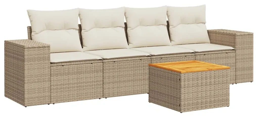 Set divano da giardino 5 pz con cuscini beige in polyrattan
