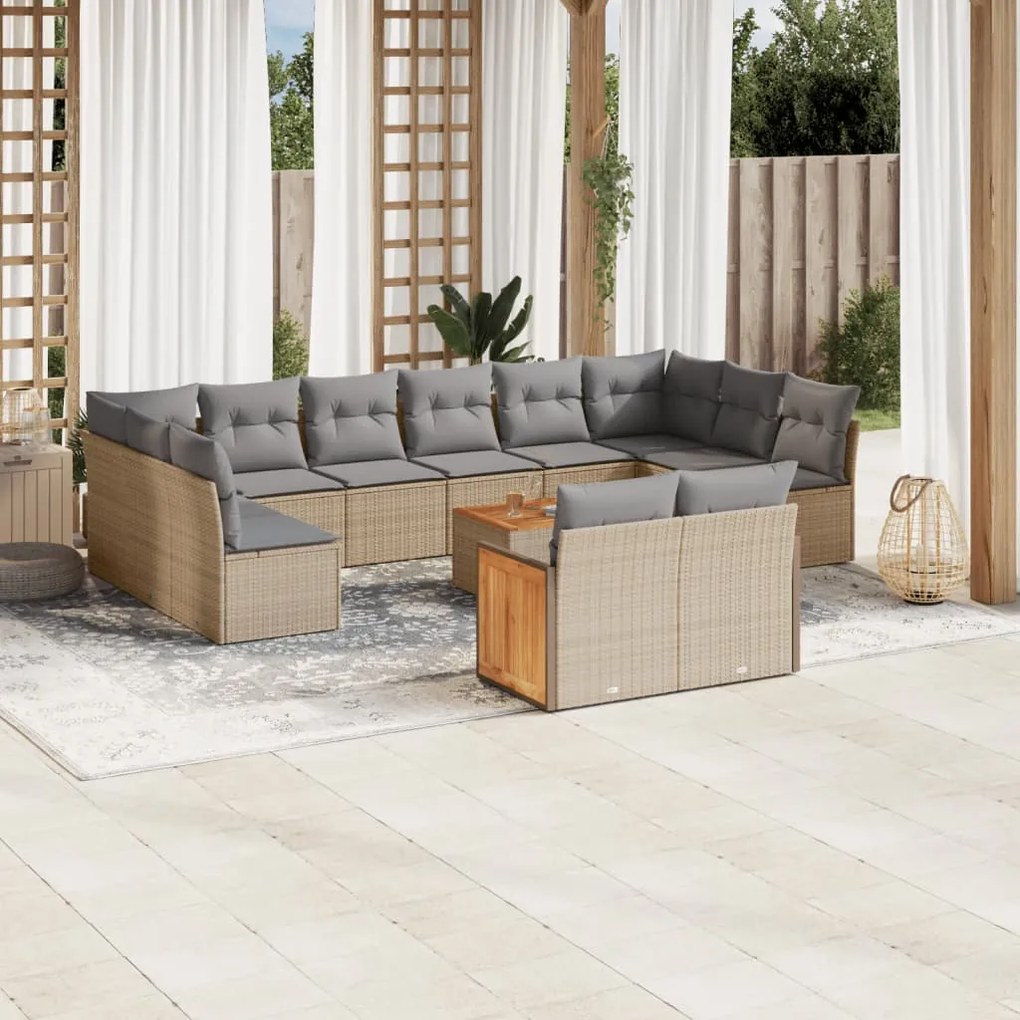 Set Divano da Giardino 13 pz con Cuscini Beige in Polyrattan