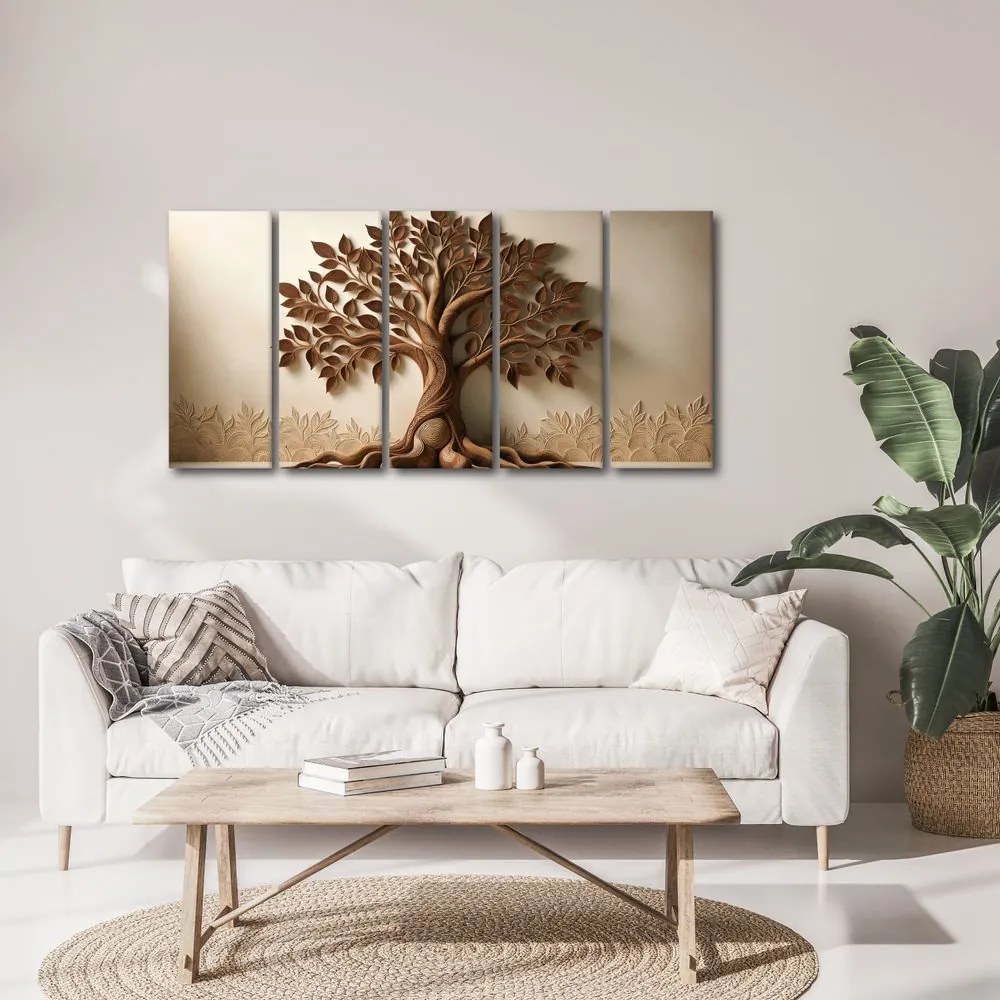 Quadri 5 pezzi – Albero della vita marrone con effetto 3D