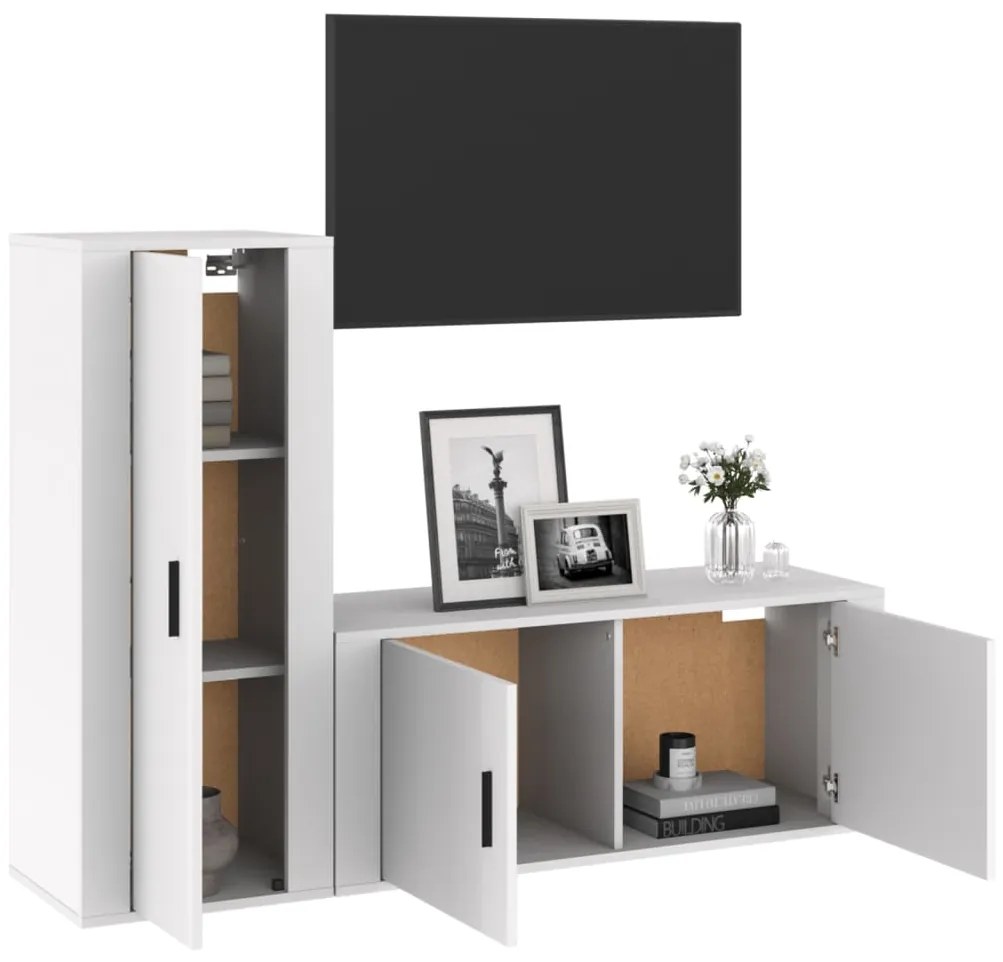 Set di mobili porta tv 2 pz bianco lucido in legno multistrato