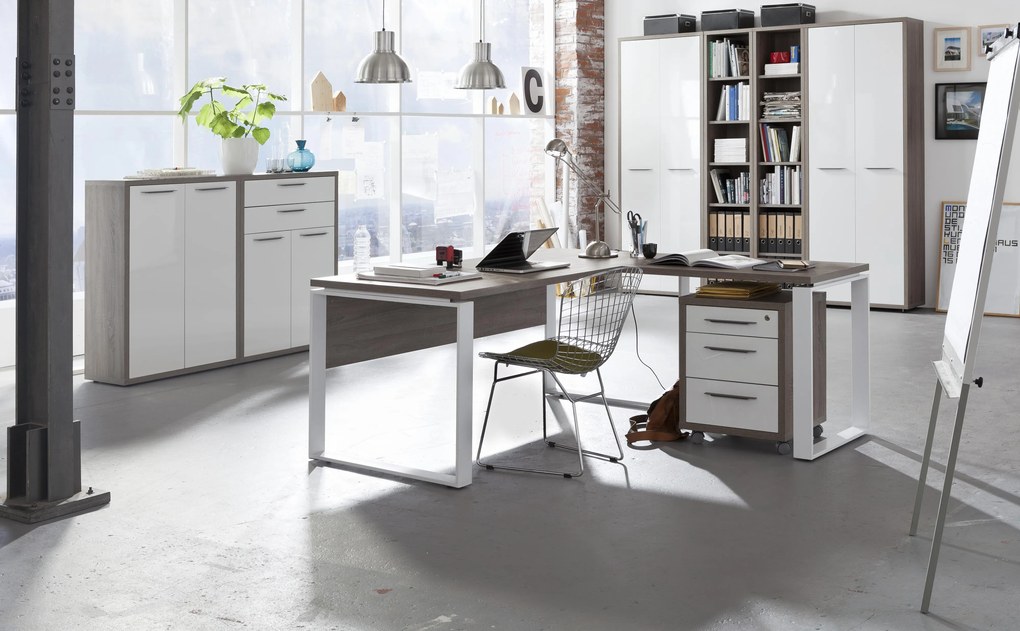 Ufficio completo in finitura Rovere Gessato e Bianco Laccato