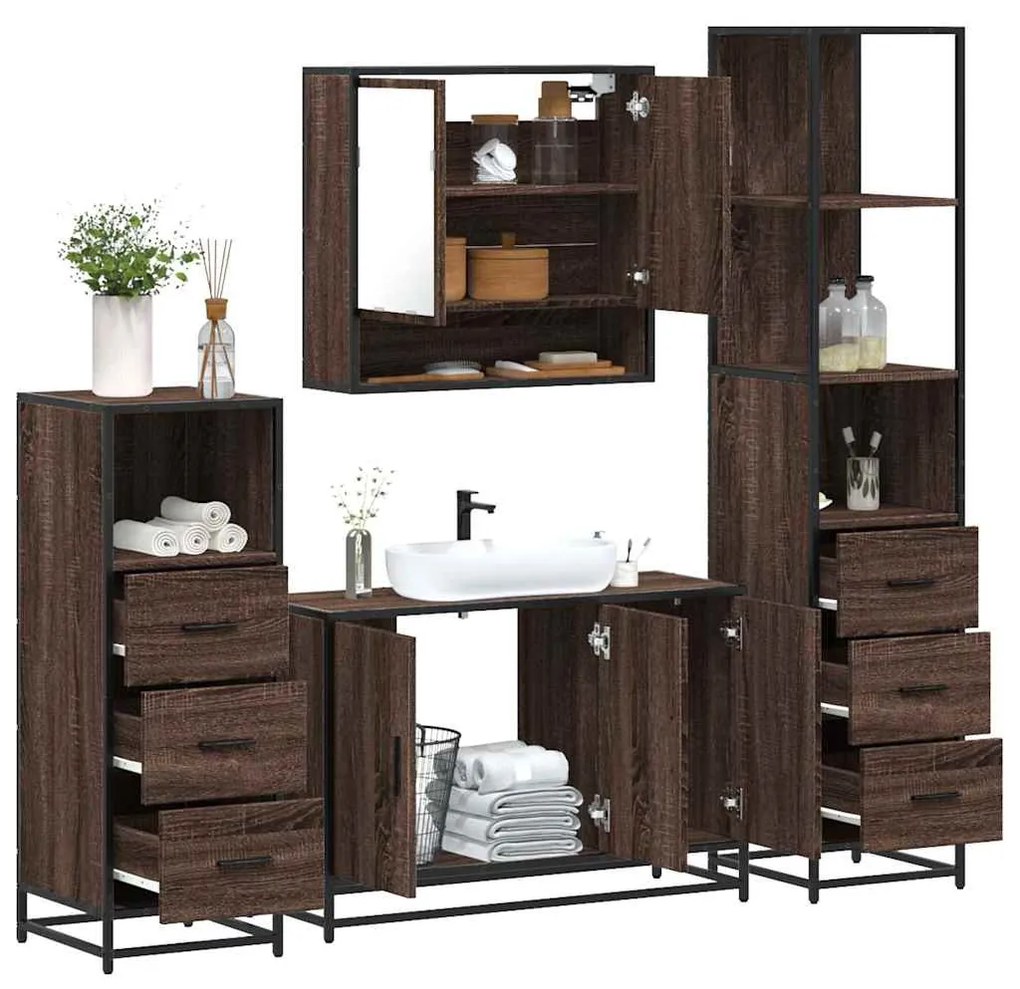 Set Mobili Da Bagno 4 Pz Rovere Marrone İn Legno Multistrato /