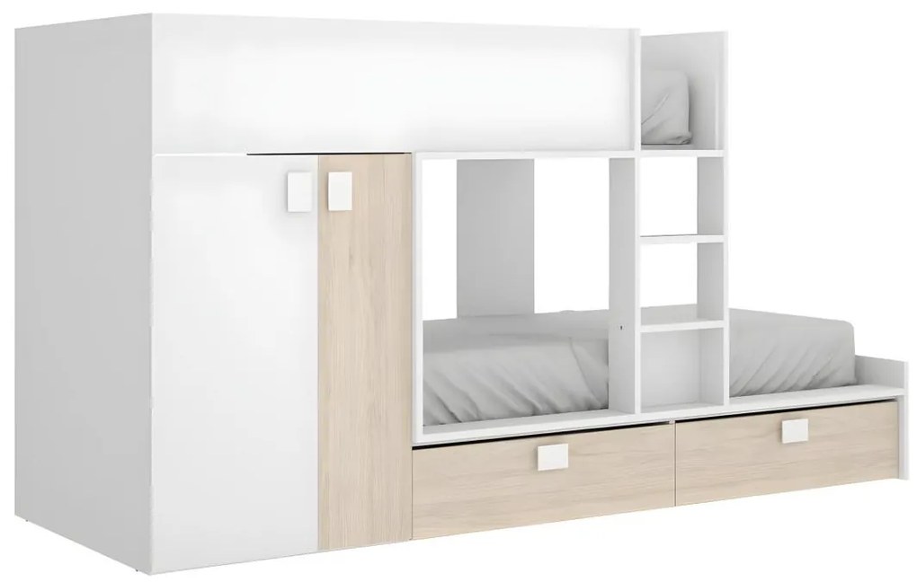 Letto a castello 2 x 90 x 190 cm - Armadio integrato - Bianco e Naturale - JUANITO