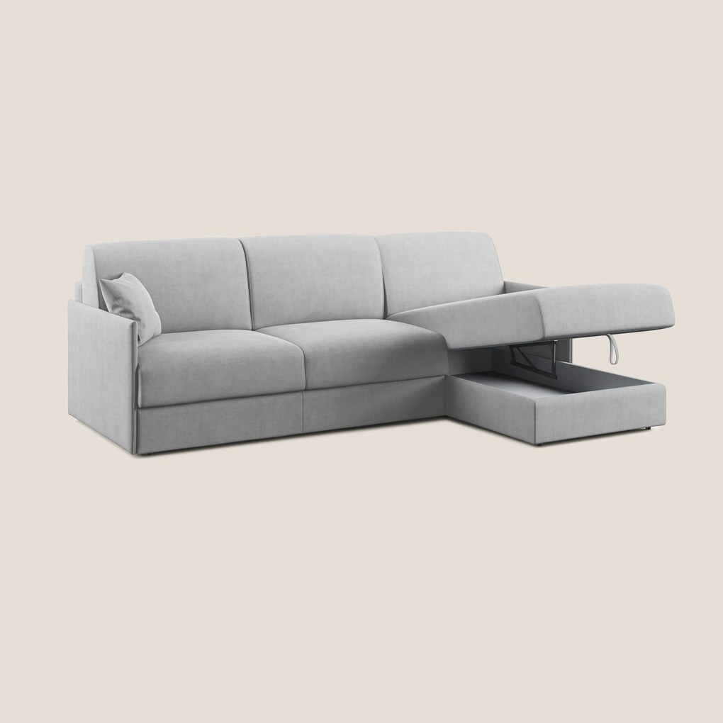 Evans Divano letto angolare con penisola in morbido tessuto impermeabile T02 grigio chiaro