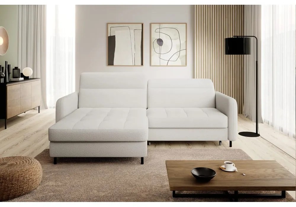 Divano angolare color crema allungabile/con contenitore (con penisola a sinistra/con chaise lounge) e rivestimento in bouclé Gomsi – ELTAP